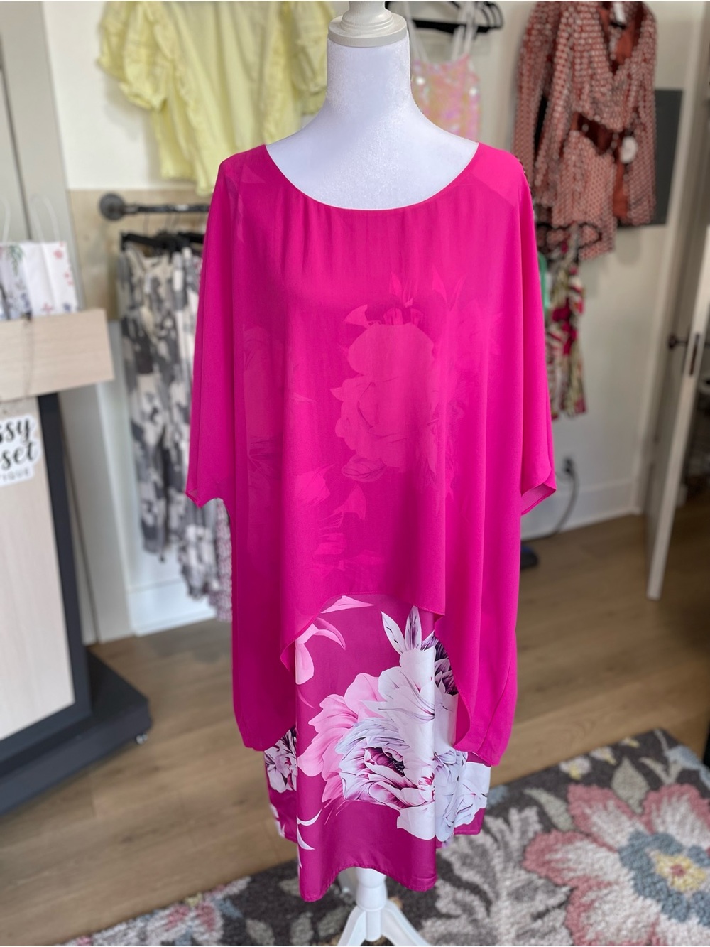 Hot Pink Floral Layered Tunic Dress